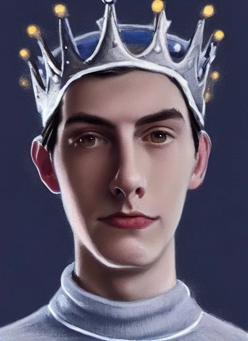 Image similar to portrait of teenage jughead jones wearing a light grey crown, crown, blue turtleneck, 1 9 5 0 s, closed eyes, photorealistic, black hair, glowing lighting, intricate, elegant, glowing lights, highly detailed, digital painting, artstation, concept art, smooth, sharp focus, illustration, art by wlop, mars ravelo and greg rutkowski