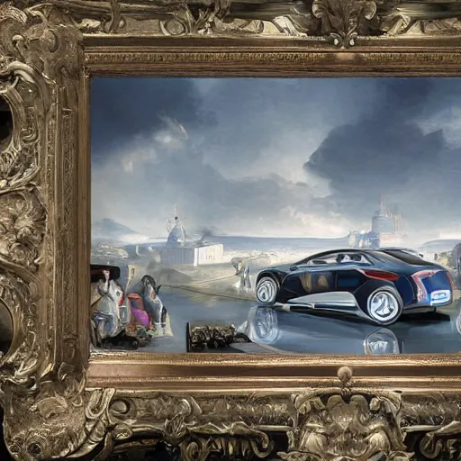 Image similar to sci-fi sport car f1 hatchback transport design organic smooth elastic forms 20% of canvas on the front; background wall structure on the coronation of napoleon painting 20% of canvas; by Jacques-Louis David, pinterest keyshot product render, cloudy plastic ceramic material shiny gloss water reflections, ultra high detail ultra realism, 4k