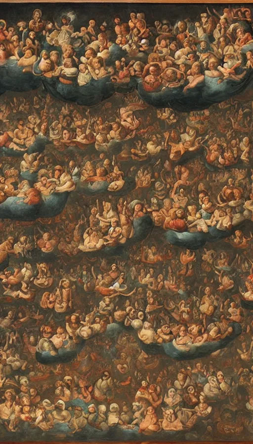 Image similar to Johfra bosschart painting of a bunch of people floating in the sky