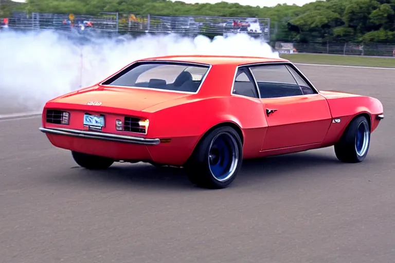 Image similar to audi camaro b 1 ( 1 9 6 9 ) drifting, phonk music background, smoke behind wheels, noise, dark, establishing shot, crow swarm