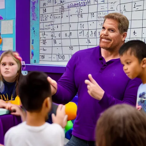 Prompt: Thanos explaining math to children in a school, 40nm, shallow depth of field, split lighting, 4k,