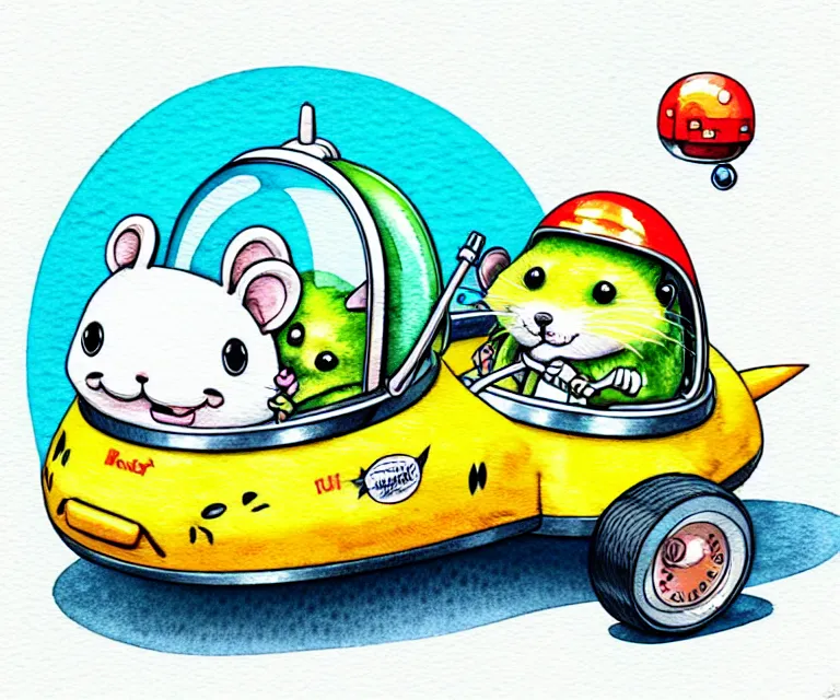 Image similar to cute and funny, hamster wearing a helmet riding in a tiny rocket ship, ratfink style by ed roth, centered award winning watercolor pen illustration, isometric illustration by chihiro iwasaki, edited by range murata, tiny details by artgerm and watercolor girl, symmetrically isometrically centered, focused