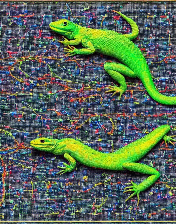 Image similar to hyper realistic photograph, 8k, lizard patching a Buchla 200e modular synthesizer