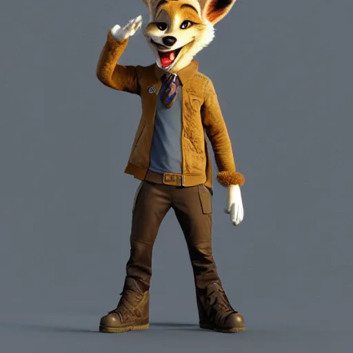 Image similar to full body, 3d render , anthropomorphic coyote male , wearing along brown leather jacket , in the style of Zootopia