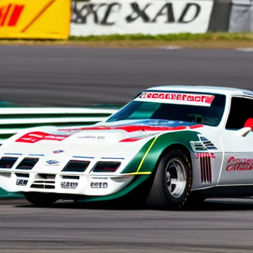 Prompt: a 1 9 7 6 chevrolet corvette greenwood imsa gt driving on a racetrack