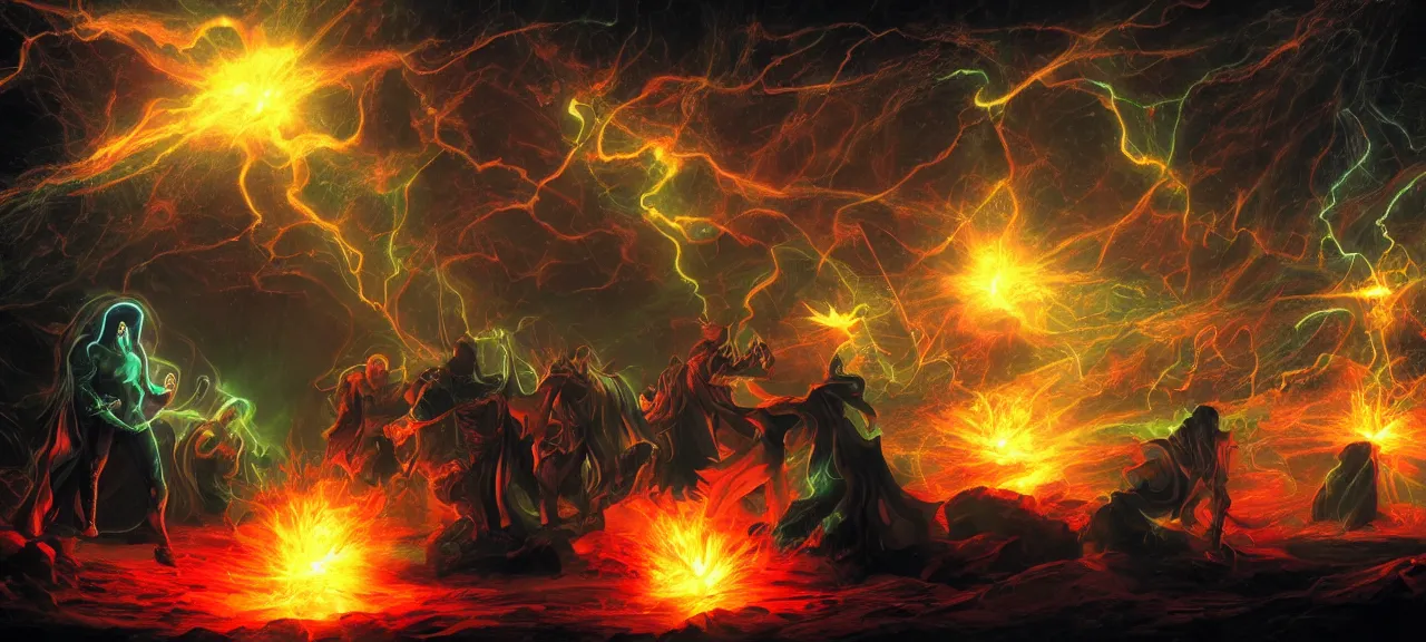 Prompt: Six wizards standing in dark cave and shoot fireballs from their magic staffs at DC comic character Black Adam, dark ancient atmosphere, full of glowing particles floating randomly from ground, dramatic lighting, fluid colorful particles rising from ground, digital art with fine details, by Martin Johnson Heade