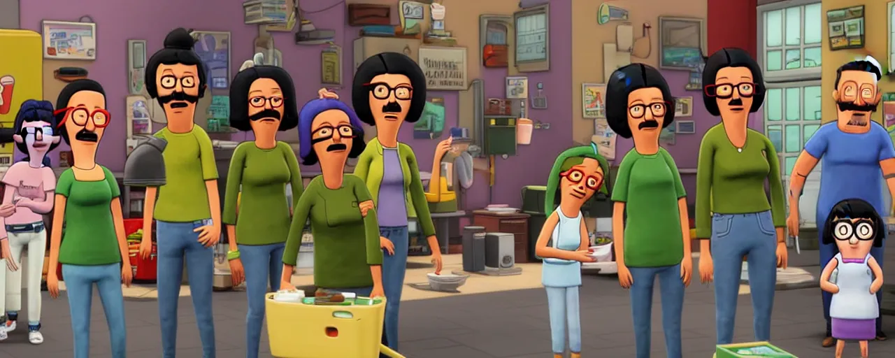 Prompt: cast of bob's burgers in the computer game the sims, tilt shift, volumetric lighting, computer graphics