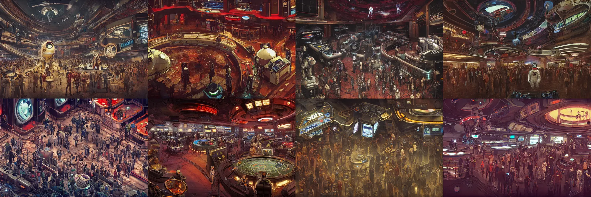 Prompt: an astronaut standing in the middle of a bustling cyberpunk casino on mars, filled with people, robots, cyborgs, aliens, by enki bilal, close up, wide angle