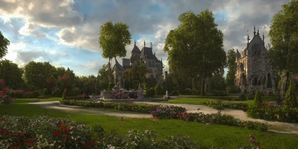 Prompt: gothic, mansion, few clouds, dawn, flowerbeds, trees, french garden, ornate fountain, nobles walking around, god rays, realistic, cinematic lighting, very detailed, very ornate, volumetric, by artstation, artemisia gentileschi, wide angle