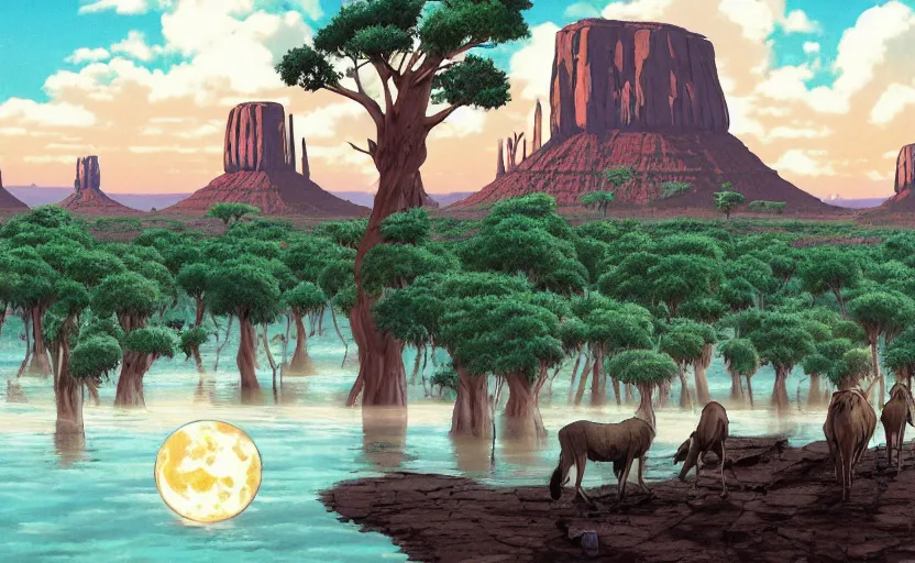 Image similar to a realistic cell - shaded studio ghibli concept art from paprika ( 2 0 0 6 ) of a pack of wildebeest and a multi - colored cube from close encounters of the third kind ( 1 9 7 7 ) in a flooded monument valley stonehenge jungle with giant trees on a misty starry night. very dull colors, portal, hd, 4 k, hq