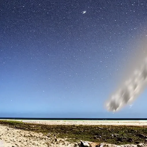 Prompt: asteroid shower in the sky while walking the dog on a beach