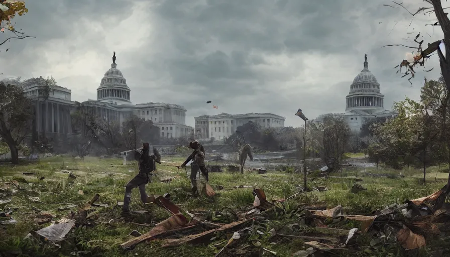 Image similar to shooting between survivors in washington dc ruins, debris, vegetation, capitol, cloudy day, volumetric light, hyperdetailed, artstation, cgsociety, 8 k