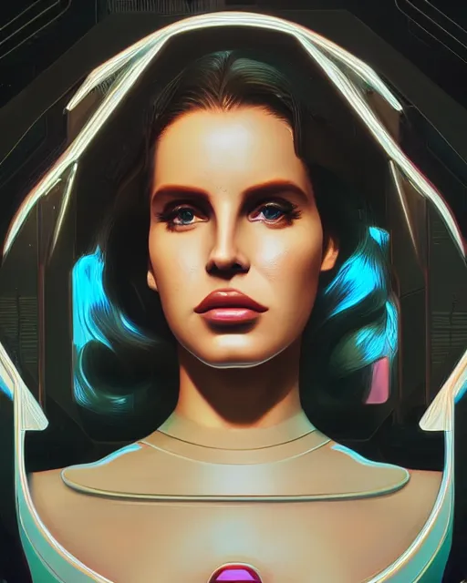 Image similar to portrait of lana del rey as a cyborg. intricate abstract. intricate artwork. by tooth wu, wlop, beeple, dan mumford. octane render, trending on artstation, greg rutkowski very coherent symmetrical artwork. cinematic, hyper realism, high detail, octane render, 8 k, iridescent accents