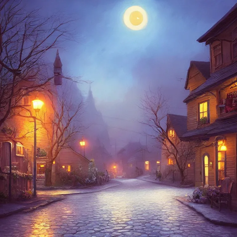 Image similar to town inspired by Evgeny Lushpin stores, cottages, streets, spring, midnight, full moon, cinematic,