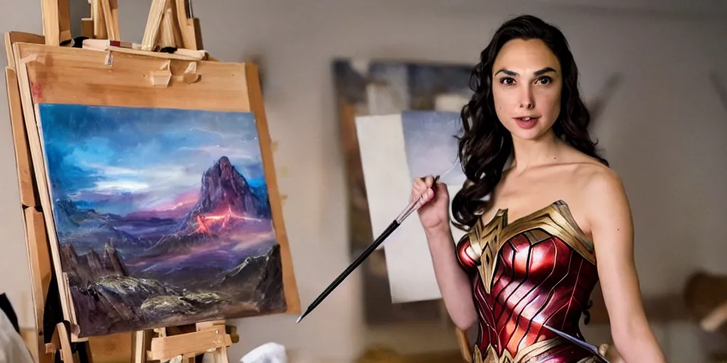 Image similar to gal gadot, stands at a her easel, dressed as wonder woman, paints beautiful landscape art, soft focus, long exposure