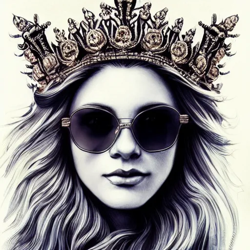 Prompt: Lion wearing sunglasses and a crown, moon in the background, intricate, elegant, highly detailed, digital painting, artstation, concept art, smooth, sharp focus, illustration, art by artgerm and greg rutkowski and alphonse mucha