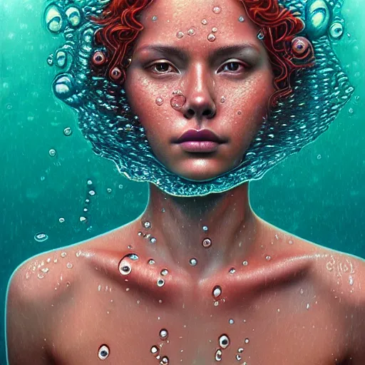 Prompt: wet beautiful face of a woman with red curly submerged in water and Casey Weldon and Chie Yoshii, particulate, water bubbles, rich colors, intricate, elegant, highly detailed, centered, digital painting, artstation, concept art, smooth, sharp focus, illustration, octane render