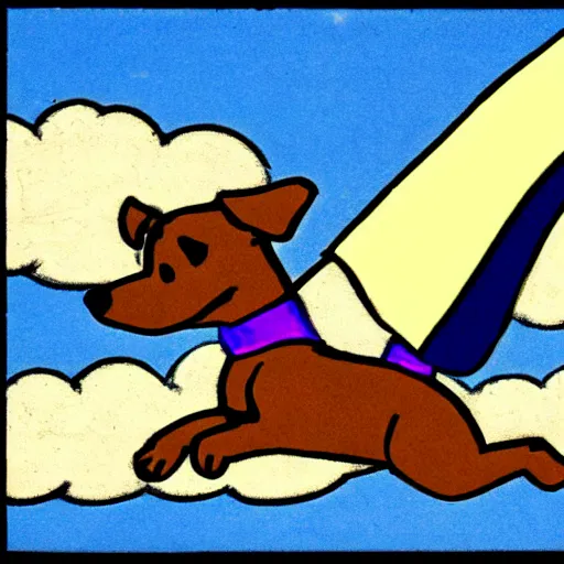 Prompt: light brown female dog wearing a blue cape, she's flying through the sky. Comic strip. As photograph.