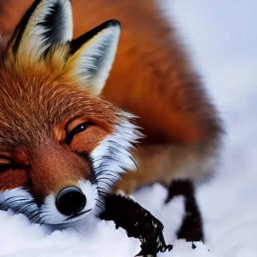 Prompt: photorealistic photograph journalist closeup of a cute fox sleeping on its tail, bbc earth, hyperdetailed, super fluffy, documentary