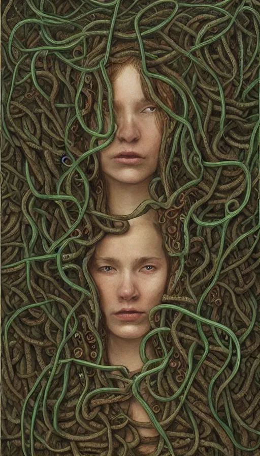 Image similar to very detailed portrait of a 2 0 years old girl surrounded by tentacles, the youg woman visage is blooming from fractal and vines, by dan witz