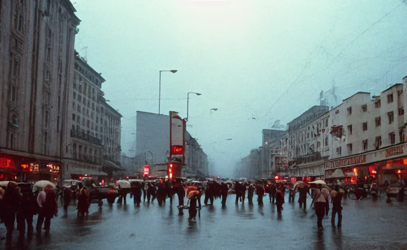 Image similar to 1990s movie still of a yougoslavian street with many pedestrians with stalinist style highrise, Cinestill 800t 18mm, heavy grainy picture, very detailed, high quality, 4k panoramic, HD criterion, dramatic lightning, streetlight at night, rain, mud, foggy, many CCCP flags