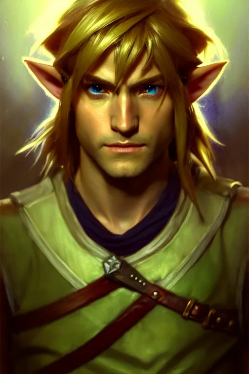 Image similar to hyperrealist portrait of link from the legend of zelda. by jeremy mann and alphonse mucha, fantasy art, photo realistic, dynamic lighting, artstation, poster, volumetric lighting, very detailed faces, 4 k, award winning