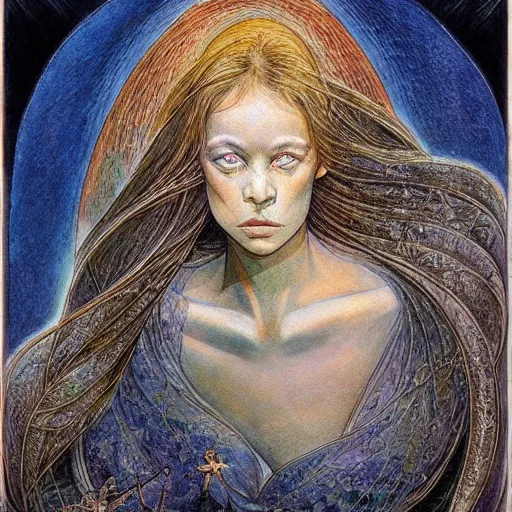 Image similar to most beautiful stabat mater, silk brethren, azure milieu of desert of reality, in the style of william blake, terese nielsen, detailed, intricate, beautiful faces, steve argyle, pastoral fantastic reality