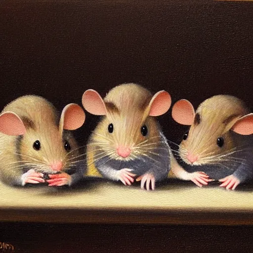 Prompt: Three mice at a pub quiz, oil painting