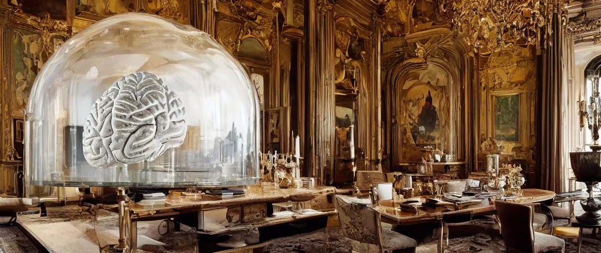 Prompt: a giant brain in a glass cloche on an ornate table in giant Italian modern castle living room, clean minimalist design, that is 1300 feet tall, with very tall giant walls filled with modern art paintings, doors that are cosmic portals, photo by Annie Leibovitz, golden hour