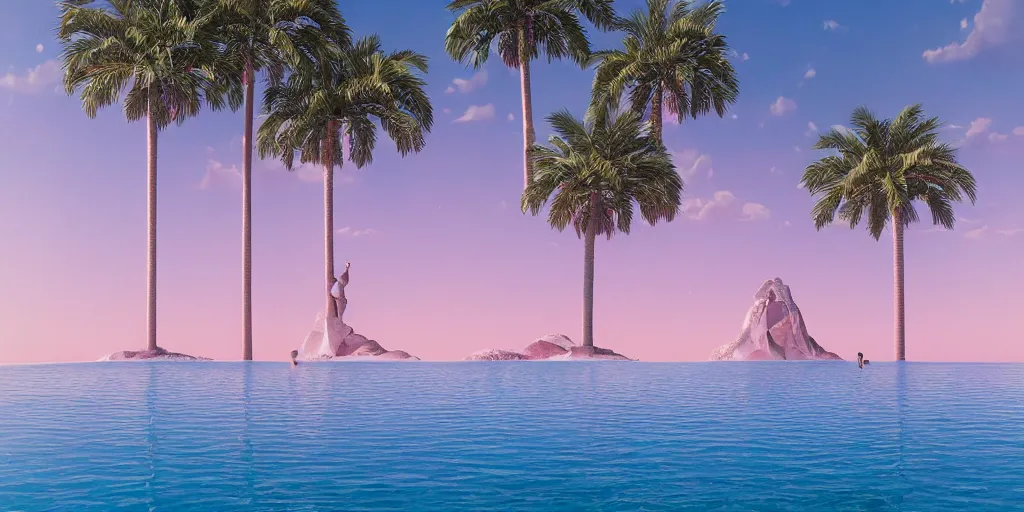 Image similar to Beeple masterpiece, hyperrealistic surrealism, award winning masterpiece with incredible details, epic stunning, infinity pool, a surreal vaporwave liminal space, highly detailed, trending on ArtStation, calming, meditative, pink arches, palm trees, surreal, sharp details, dreamscape, giant gold head statue ruins, crystal clear water, sunrise