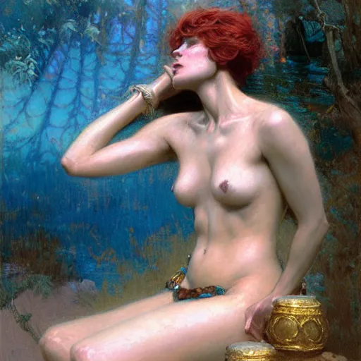 Image similar to stunning female wizard bathing, highly detailed painting by gaston bussiere, craig mullins, j. c. leyendecker, 8 k