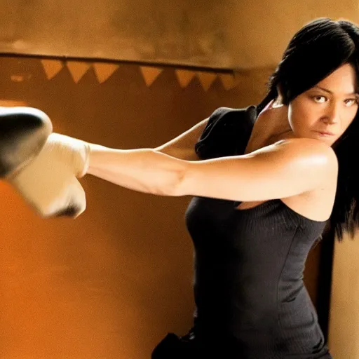 Image similar to black haired woman punching a bad guy in a movie, realistic, highly detailed