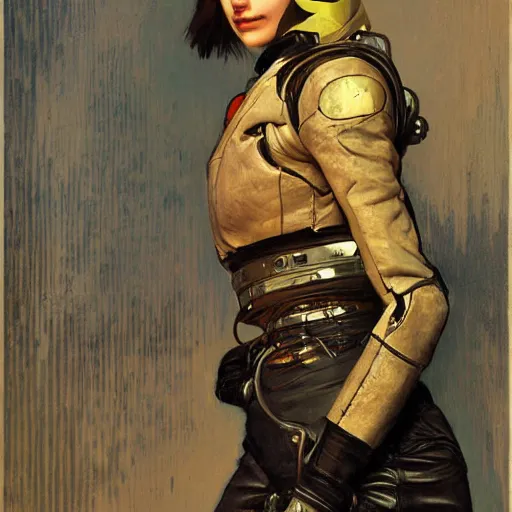 Prompt: a portrait of a robot wearing a leather motorcycle jacket by greg rutkowski, alphonse mucha