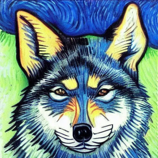 Image similar to retard wolf, van gogh, vivid colors, portrait paintin,