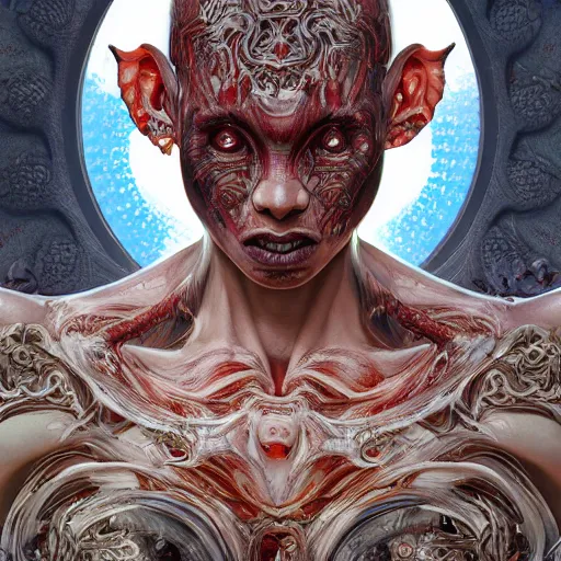 Image similar to whirling ornate intricate portrait of a male bloodied filigreed alien, muscles, rippling, warping, ultra realistic, concept art, intricate details, eerie, highly detailed, photorealistic, octane render, 8 k, unreal engine. art by artgerm and greg rutkowski and alphonse mucha