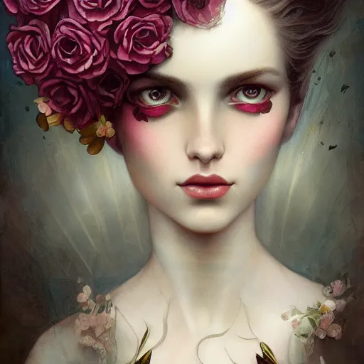 Prompt: tom bagshaw, soft painting of a curiosities carnival omnious, beautiful young aristocrat blessing flowers in full dress, perfectly detailed, symmetrical accurate intricate sensual features, highly detailed, artstation, sharp focus