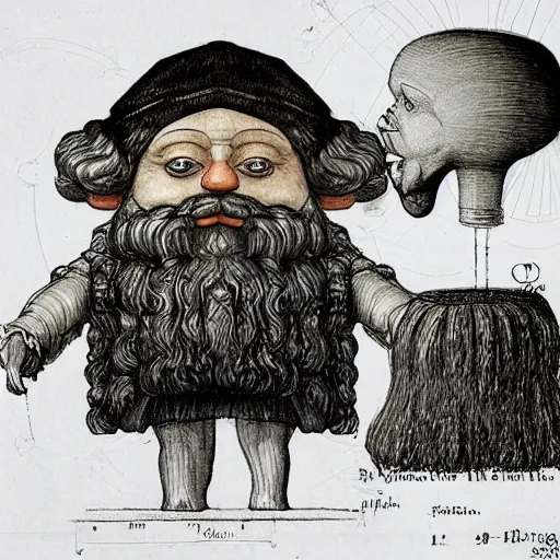 Image similar to proportional gnome, a detailed schematic drawing by Leonardo da Vinci