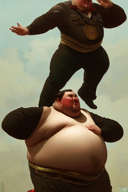 Image similar to an overweight man as a human cannonball, realistic painting, symmetrical, highly detailed, digital painting, artstation, concept art, smooth, sharp focus, illustration, cinematic lighting, art by artgerm and greg rutkowski and alphonse mucha