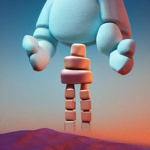 Prompt: A Marshmallow Golem wandering a candy landscape, mystical, mysterious, magical, Octane Render, Raytracing, 135mm camera lens, golden hour