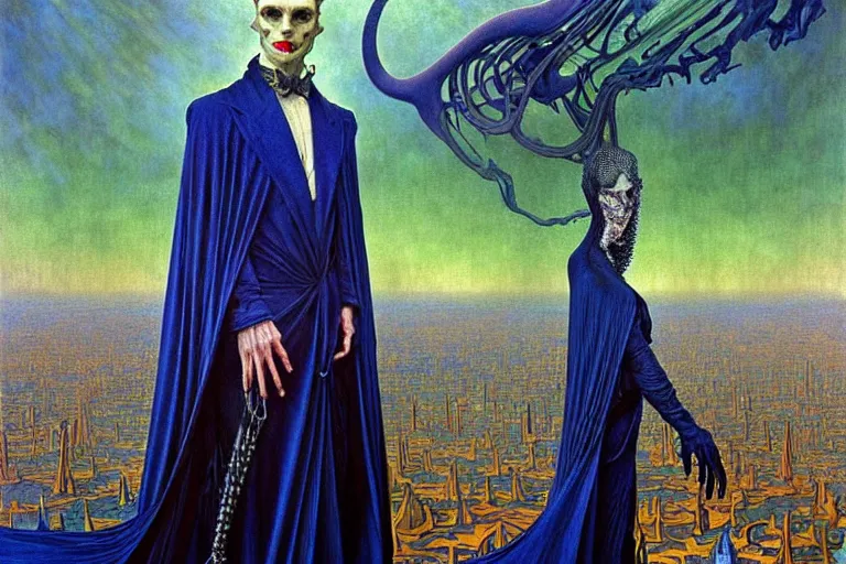 Image similar to realistic extremely detailed portrait painting of an elegantly creepy vampire man in a cape, futuristic sci-fi fortress on background by Jean Delville, Amano, Yves Tanguy, Alphonse Mucha, Ernst Haeckel, Edward Robert Hughes, Roger Dean, rich moody colours, blue eyes