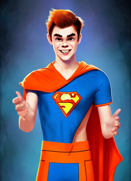Prompt: friendly teenage archie andrews wearing an orange superhero costume with heart logo, heart, freckles, blue cape, heart emblem on chest, blue cape, intricate, elegant, glowing lights, highly detailed, digital painting, artstation, sharp focus, illustration, art by wlop, mars ravelo and greg rutkowski