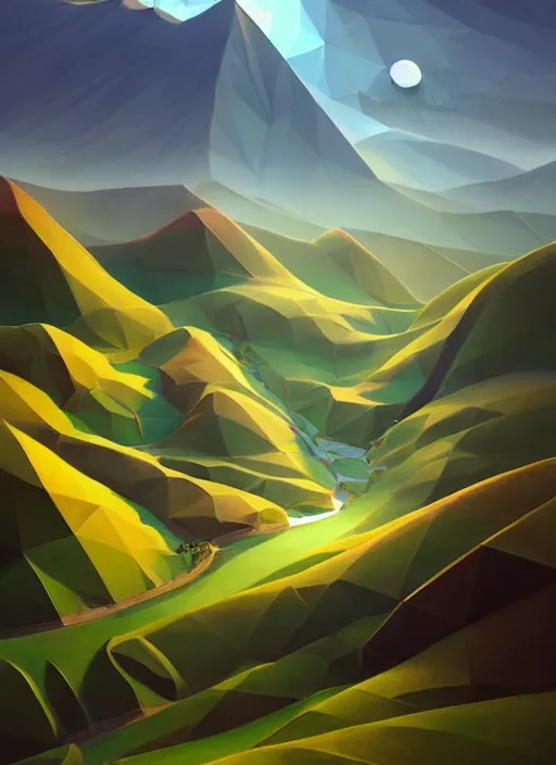 Image similar to summer afternoons in the low - poly hills, the hills are made of polygons, diffuse lighting, fantasy, intricate, surrealism!!!!, highly detailed, lifelike, photorealistic, digital painting, artstation, illustration, concept art, smooth, sharp focus, by greg rutkowski, chris tulloch mccabe, valentina remenar and asher duran,