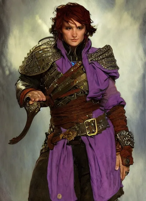 Prompt: a gender neutral halfling wearing leather armour and a purple smoking jacket, short brown hair. fantasy concept art. moody epic painting by james gurney, and alphonso mucha. artstationhq. painting with vivid color. ( dragon age, witcher 3, arcane, lotr )