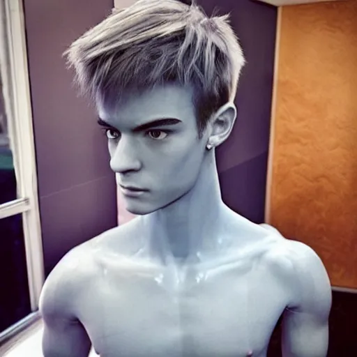 Prompt: “a realistic detailed photo of a guy who is an attractive humanoid who is half robot and half humanoid, who is a male android, twitch streamer Ninja Tyler Blevins, shiny skin, posing like a statue, blank stare, gaming room”