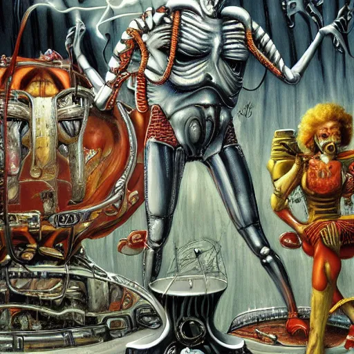 Image similar to ronald mcdonald versus queen alien by h. r. giger highly detailed, cinematic, panoramic