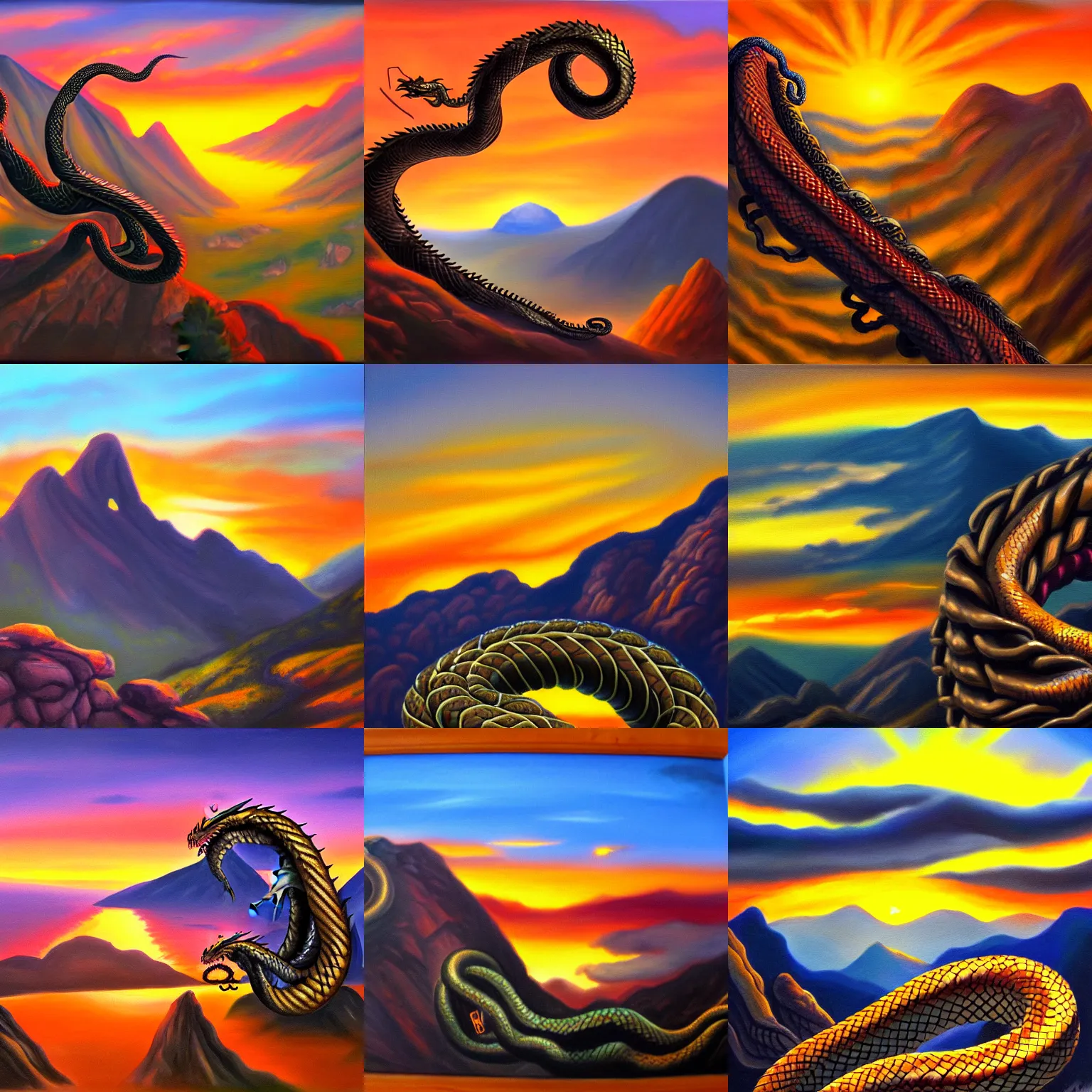 Prompt: dragon coiled around a mountain at sunset, oil painting, historical painting, matte, award winning