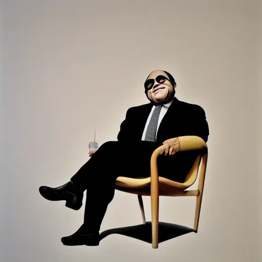 Prompt: danny devito holding a modern 6 0 s style ægget chair, eggshell color, renaissance still life painting, masterpiece, realistic light and shadow, trending on artstation, highly detailed, photorealism