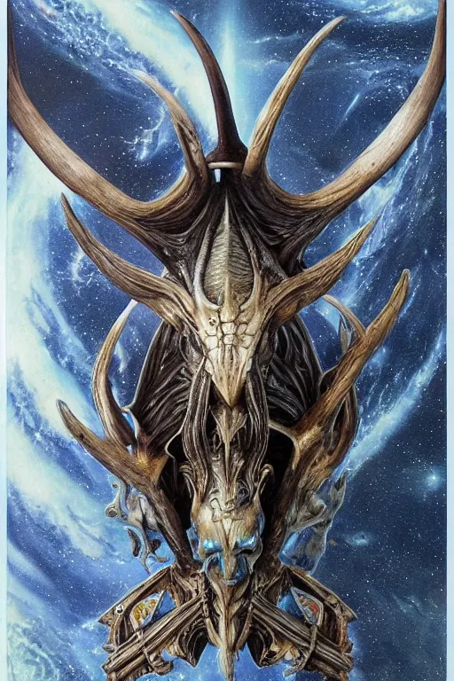 Prompt: baphomet starship!!!!! with antler made with porcelain by jeff easley and peter elson, beautiful eyes and face, symmetry face, galaxy, gothic, surreal, dread, highly detailed, intricate complexity, epic composition, magical atmosphere, masterpiece, award winning, trending on artstation