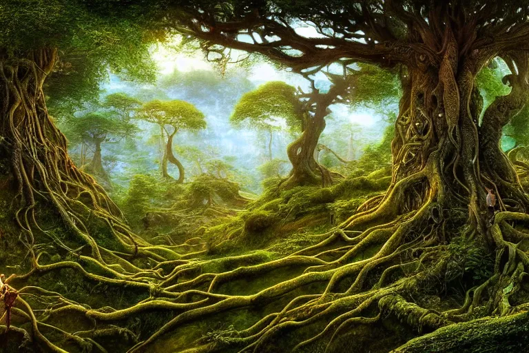 Prompt: a beautiful and highly detailed digital painting of an elven tree with celtic roots in a lush forest in the mystical mountains of nargothrond, psychedelic patterns, intricate details, epic scale, 8 k, sharp focus, photorealism, artstation, cgsociety, by caspar friedrich, albert bierstadt, james gurney, brian froud,