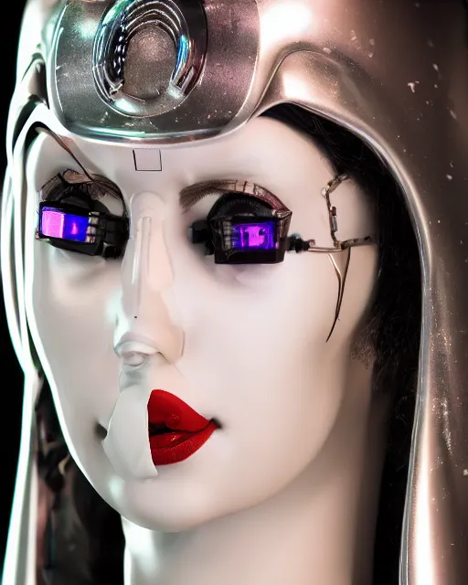 Image similar to 3 / 4 portrait photo of belly dancer as a cyberpunk humanoid robotic head shoulder parts with straight bright led lights, inside white room, ultra - realistic and detailed, 8 k